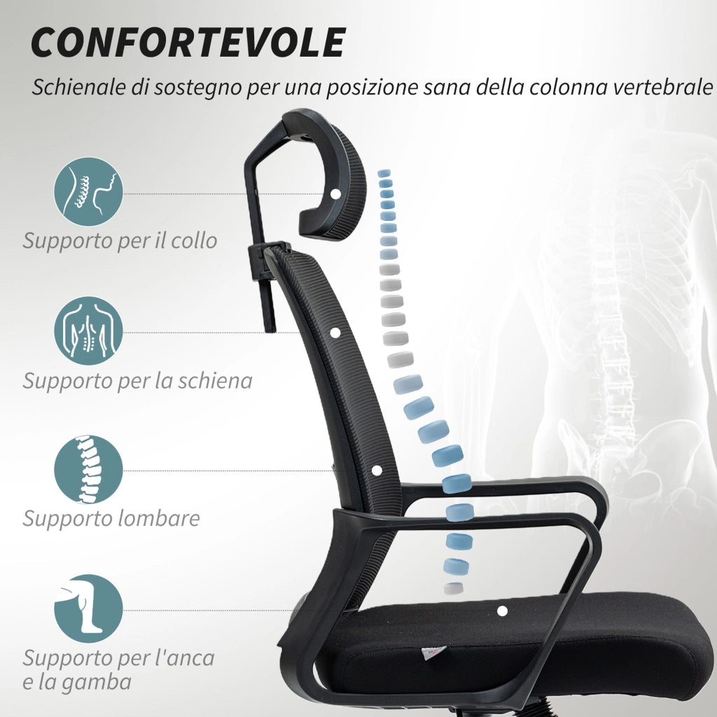 Sedia da Ufficio Ergonomica 60x64Px102-112H cm con Poggiatesta e Altezza Regolabili Nero