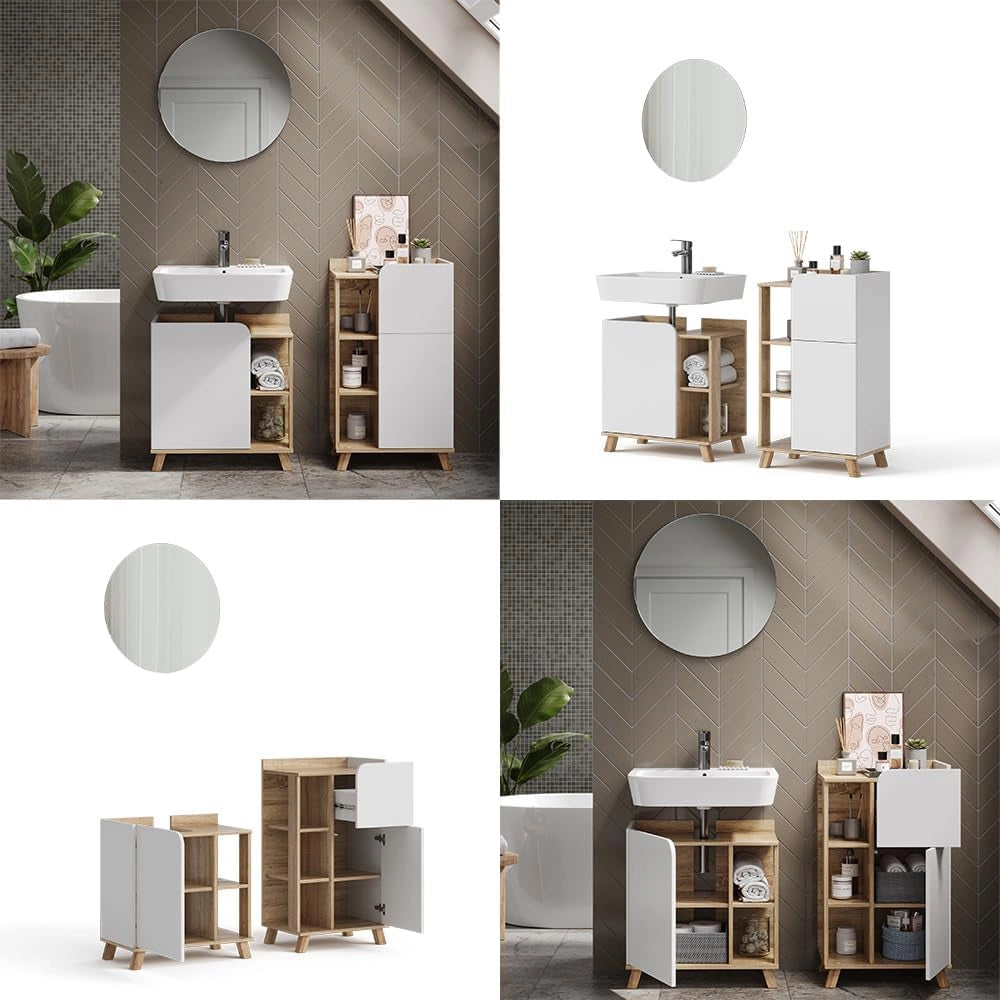 Set di mobili da bagno Karen, Sonoma/Bianco, 60 cm, composto da mobile sottolavabo, specchiera e mobile medio