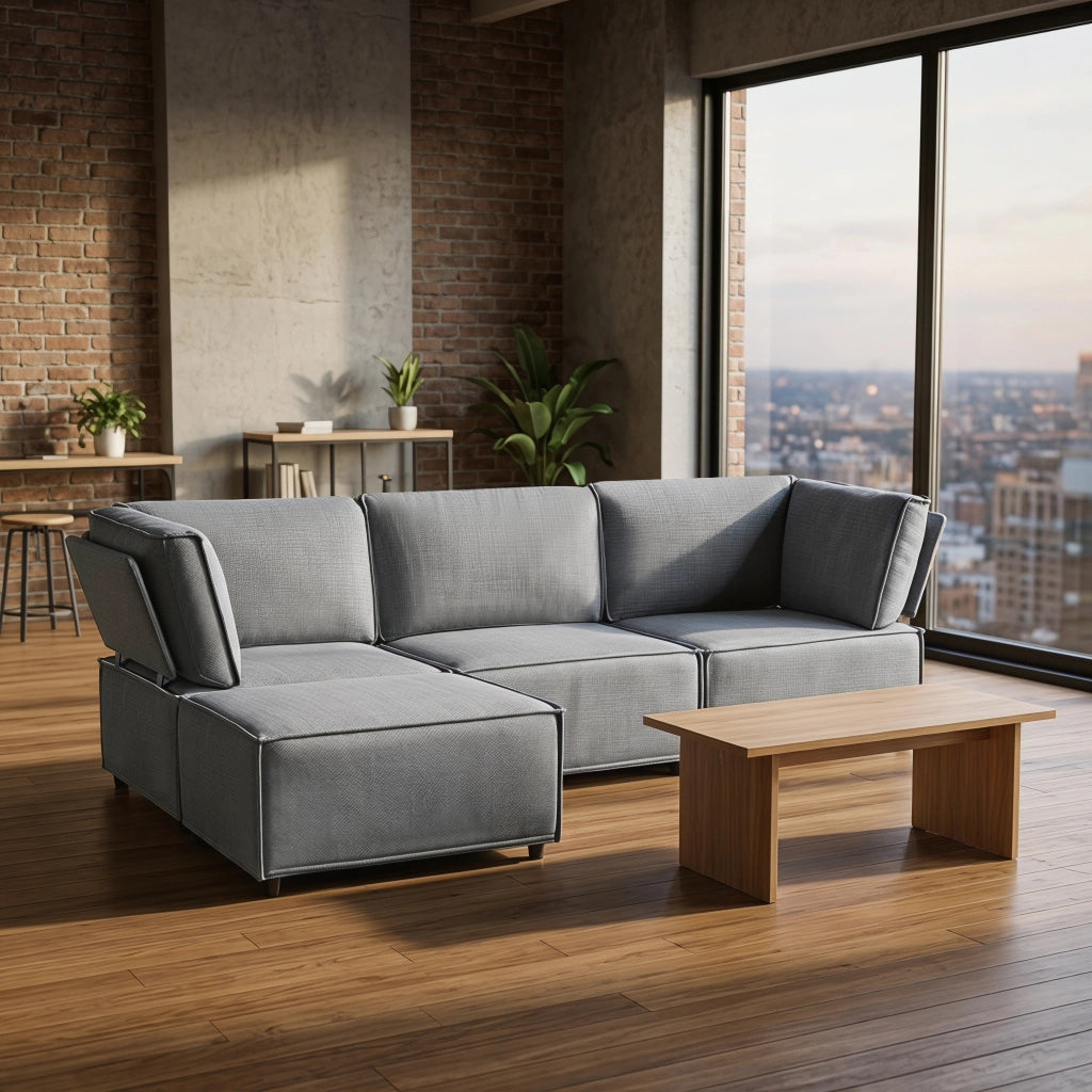 Divano modulare angolare componibile con seduta confortevole e tessuto traspirante, in grigio chiaro 238 × 154 × 75 cm