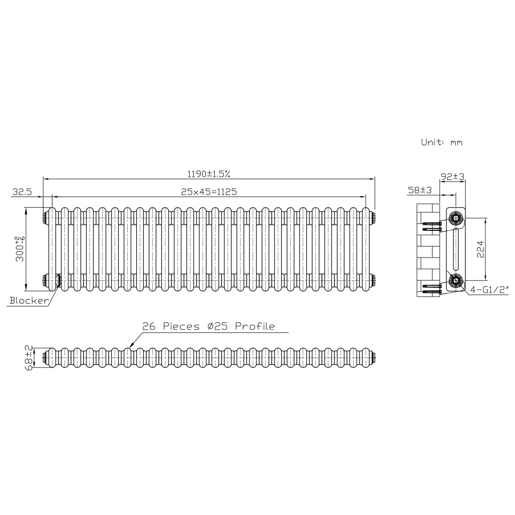 Radiatore 2 Colonne Orizzontale Metallo Grezzo 300 x 1190 mm TRV