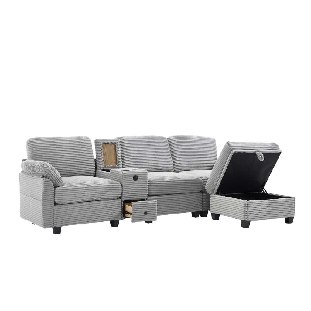 Divano 3 Posti in Velluto a Coste con Ottoman e Cassetto ¨C MINIMAL ¨C Grigio/Beige