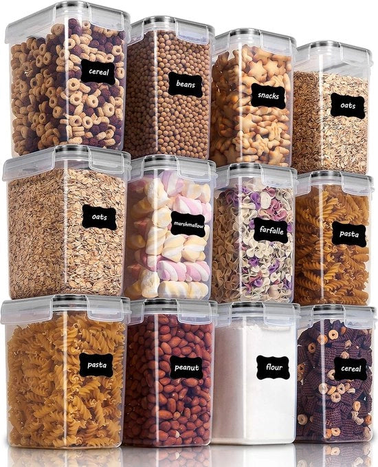 Set di contenitori di conservazione 1,6L, contenitori per cereali e alimenti, contenitori di plastica BPA libera, luchtdichte, contenitore per alimenti secco, 24 etichette per cereali, farina, zucchero, ecc.