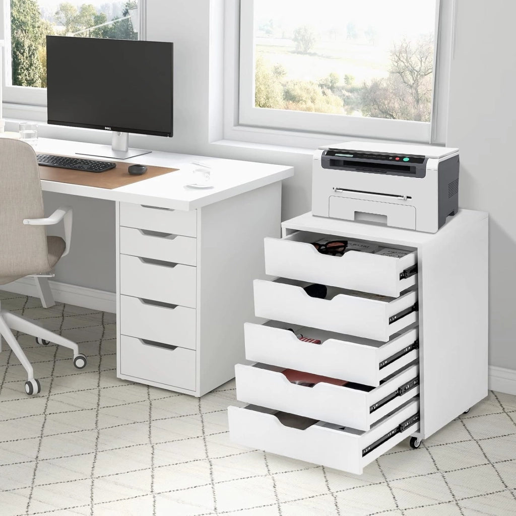 Cassettiera a 5 cassetti con maniglie nascoste, cassettiera mobile con 2 ruote bloccate, cassettiera in legno, per ufficio, soggiorno, 49 x 40 x 65 cm, bianco