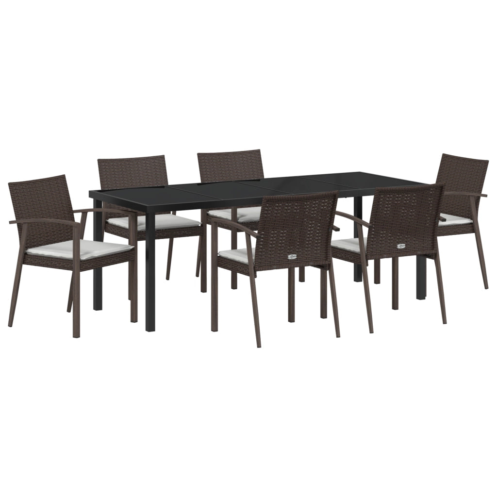 Set da pranzo da giardino 7 pezzi con cuscini in polirattan marrone