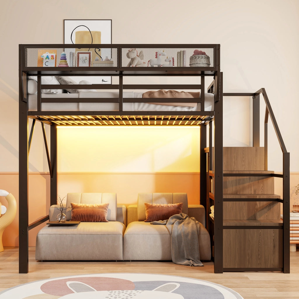 Letto a soppalco 140x200 cm in metallo con scala di sicurezza, ripiani flessibili e striscia LED, nero