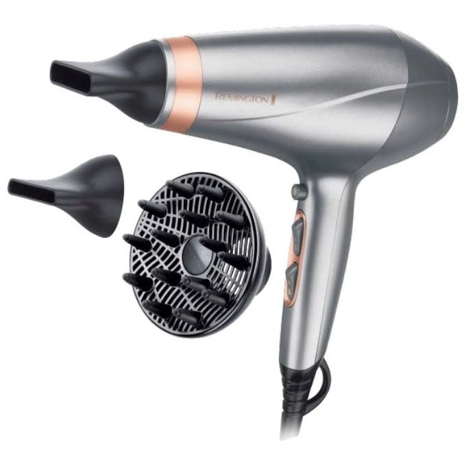 Remington Keratin Protect AC8820 - Asciugacapelli professionale 2200W con motore AC, 3 temperature e 2 velocita', colpo d'aria fredda, tecnologia cheratina-olio di mandorla, concentratore e diffusore inclusi, colore Bronzo-Grigio
