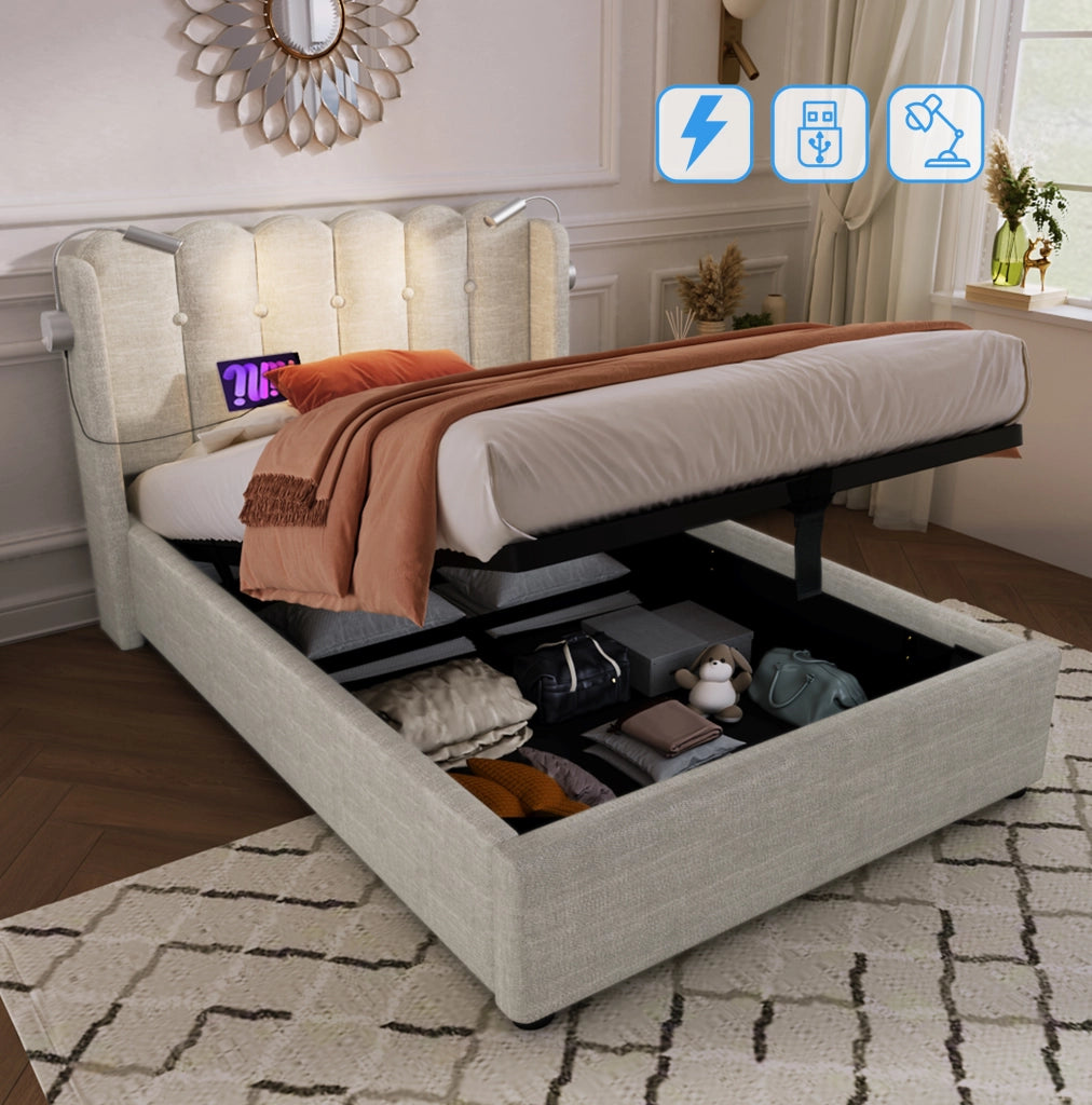 Letto contenitore 90x200 in lino beige con luce di lettura e USB