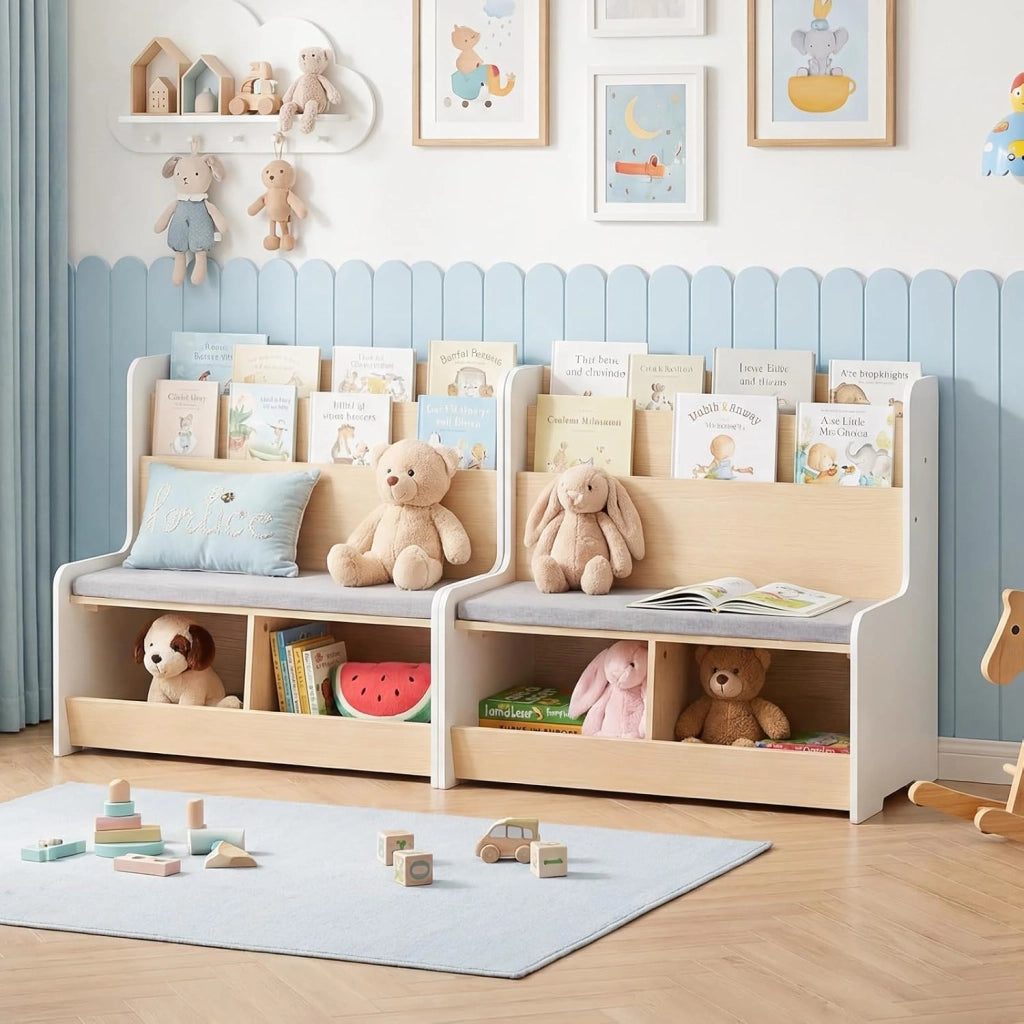 Libreria Montessoriana Salvaspazio per Bambini con Panchina Bianco | Porta Libri Bambini con Portariviste a 2 Ripiani, 2 Scomparti Aperti e Cuscino Seduta Rimovibile per Cameretta