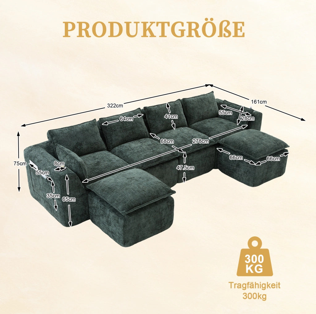 Divano modulare in ciniglia verde 322x161 cm con pouf HAVRYA