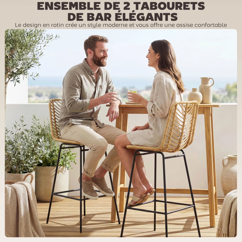 Sgabelli da bar 2 pezzi ¨C zephmum ¨C design boheme con struttura metallo e rotin, altezza 66 cm