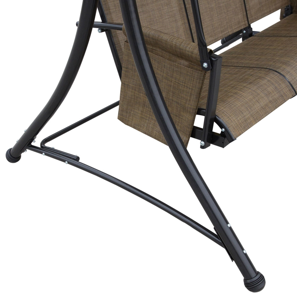 OKWISH Dondolo da Giardino 3 Posti con Tettuccio Regolabile e Tasche Laterali, Struttura in Metallo e Poliestere, Marrone, 196 x 128 x 172 cm