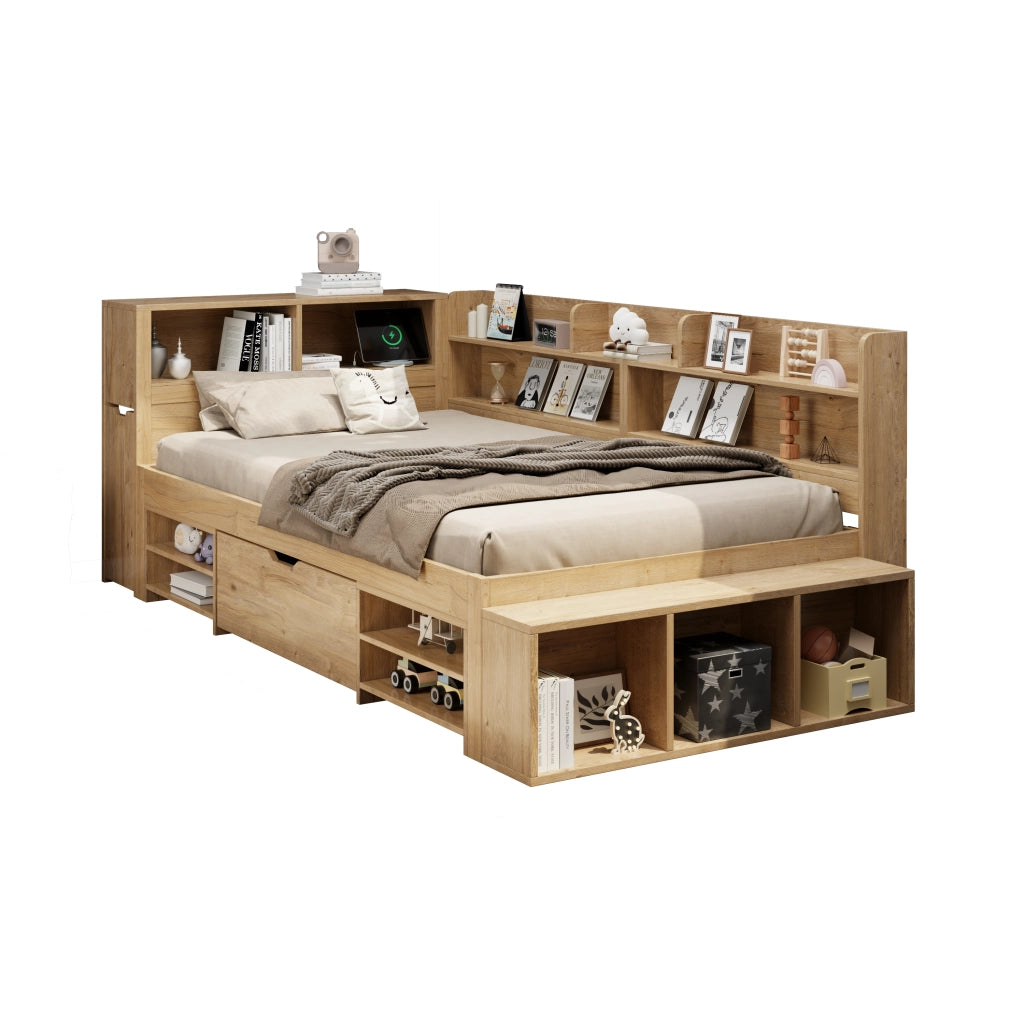 Letto per Bambini 90x200 cm con Cassetto; Libreria e Armadi in Compensato Naturale
