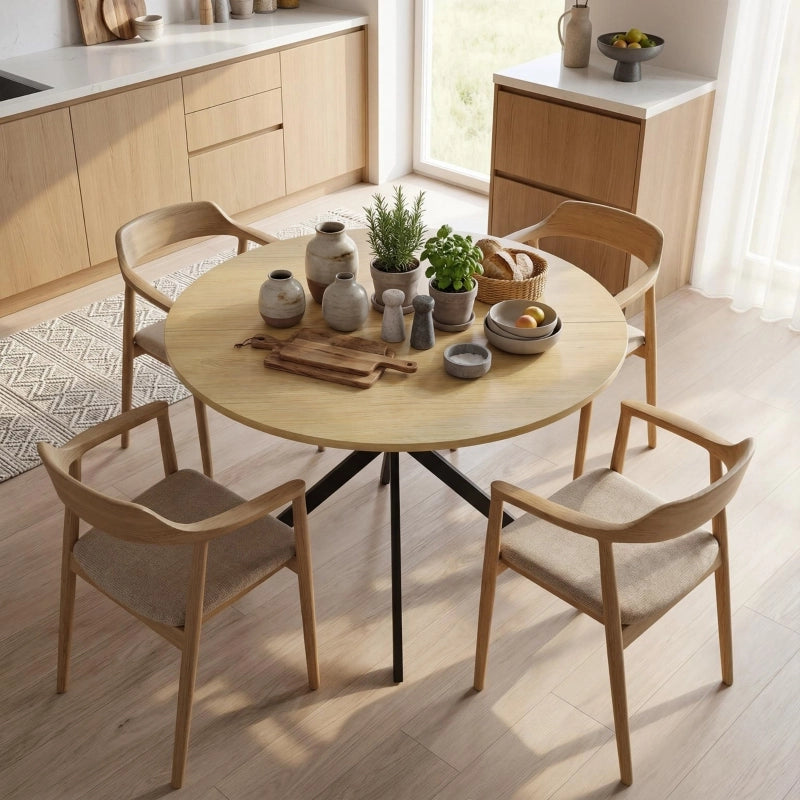 Tavolo da pranzo - rotondo per 4 - stile industriale - gambe in acciaio - rovere - per cucina