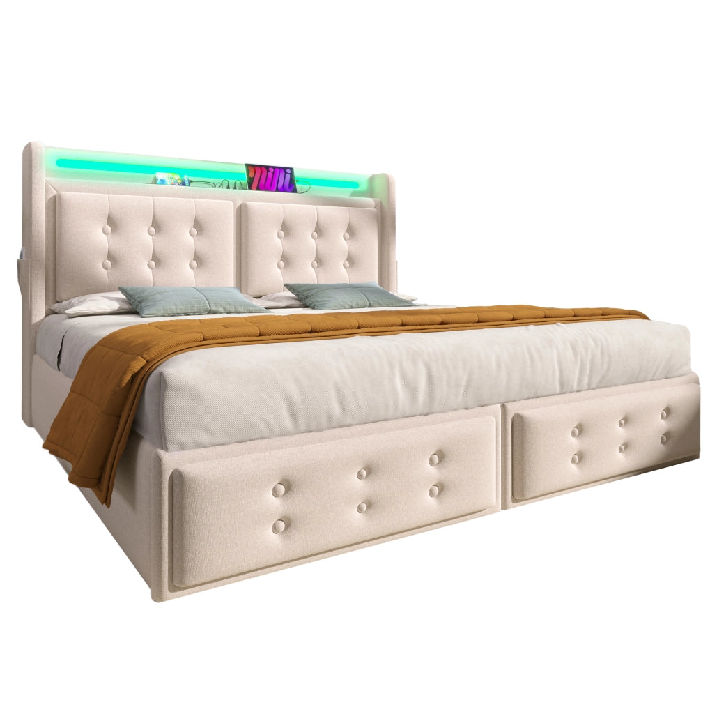 Letto matrimoniale 180x200 cm con contenitore; LED e porte USB; in tessuto beige