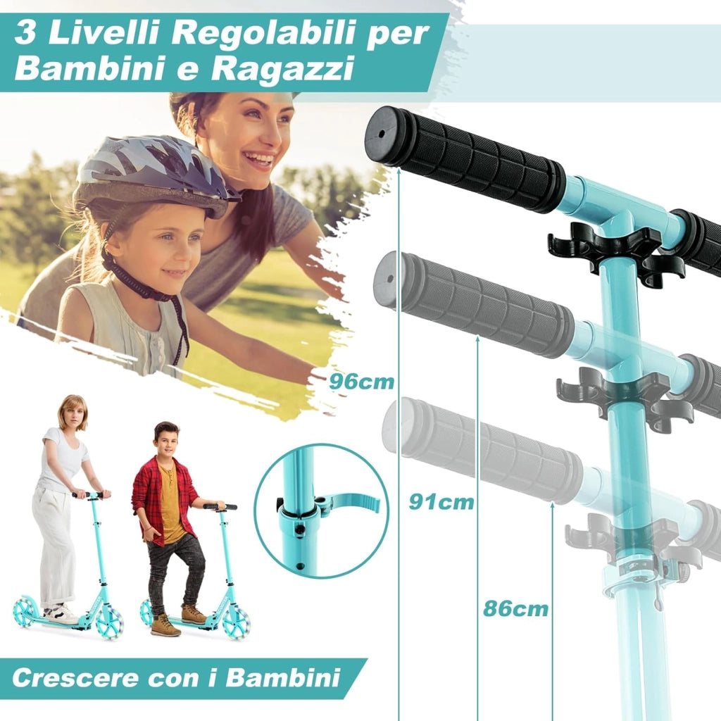Monopattino Pieghevole con Altezza Regolabile, 2 Ruote Luminose con Freno, Manubrio Regolabile, Pedana Antiscivolo, Tracolla e Cavalletto, Scooter Portata 100kg, 10+ Anni