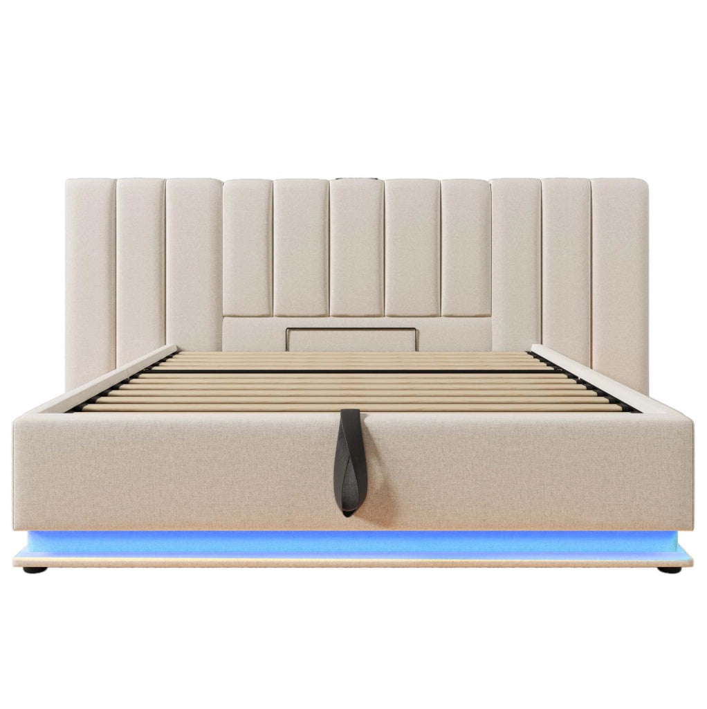 Letto matrimoniale imbottito 160x200 cm con contenitore; LED 360°; porte USB e Type-C; beige