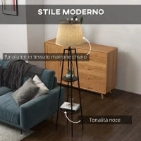 Lampada da Terra a 2 Ripiani in Metallo e MDF con Paralume in Tessuto, Ø42x166 cm, Nero e Marrone