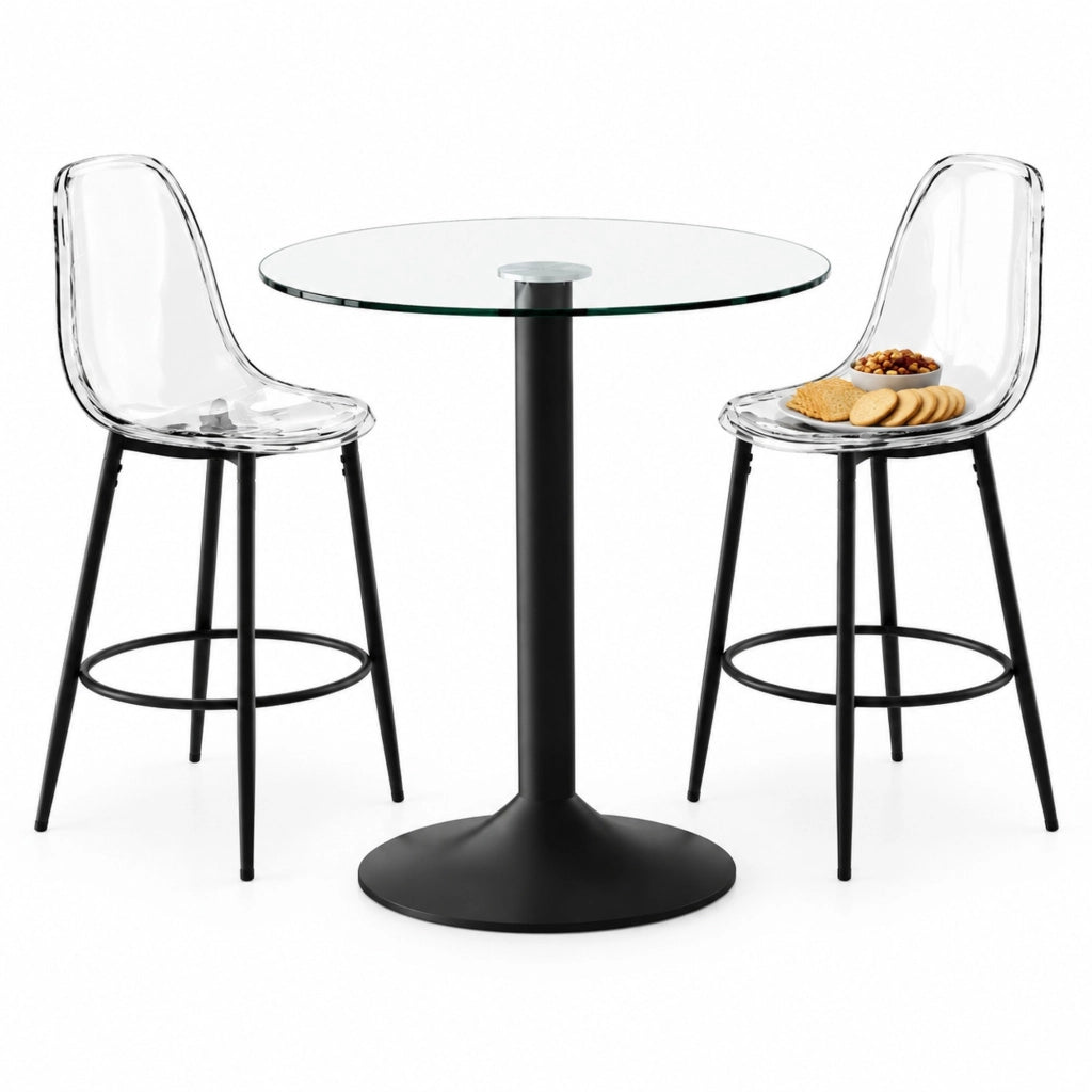Set bar Ø89 cm nero, vetro e metallo - con 2 sgabelli trasparenti