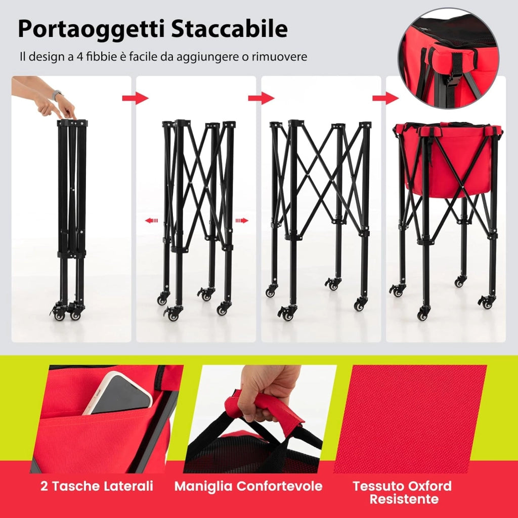 Carrello Porta Palline da Tennis, Carrello da Tennis Pieghevole in Alluminio con Ruote Frenate, Borsa Rimovibile Tasche Laterali, Borsa per Il Trasporto, Max 150 Palline Tennis