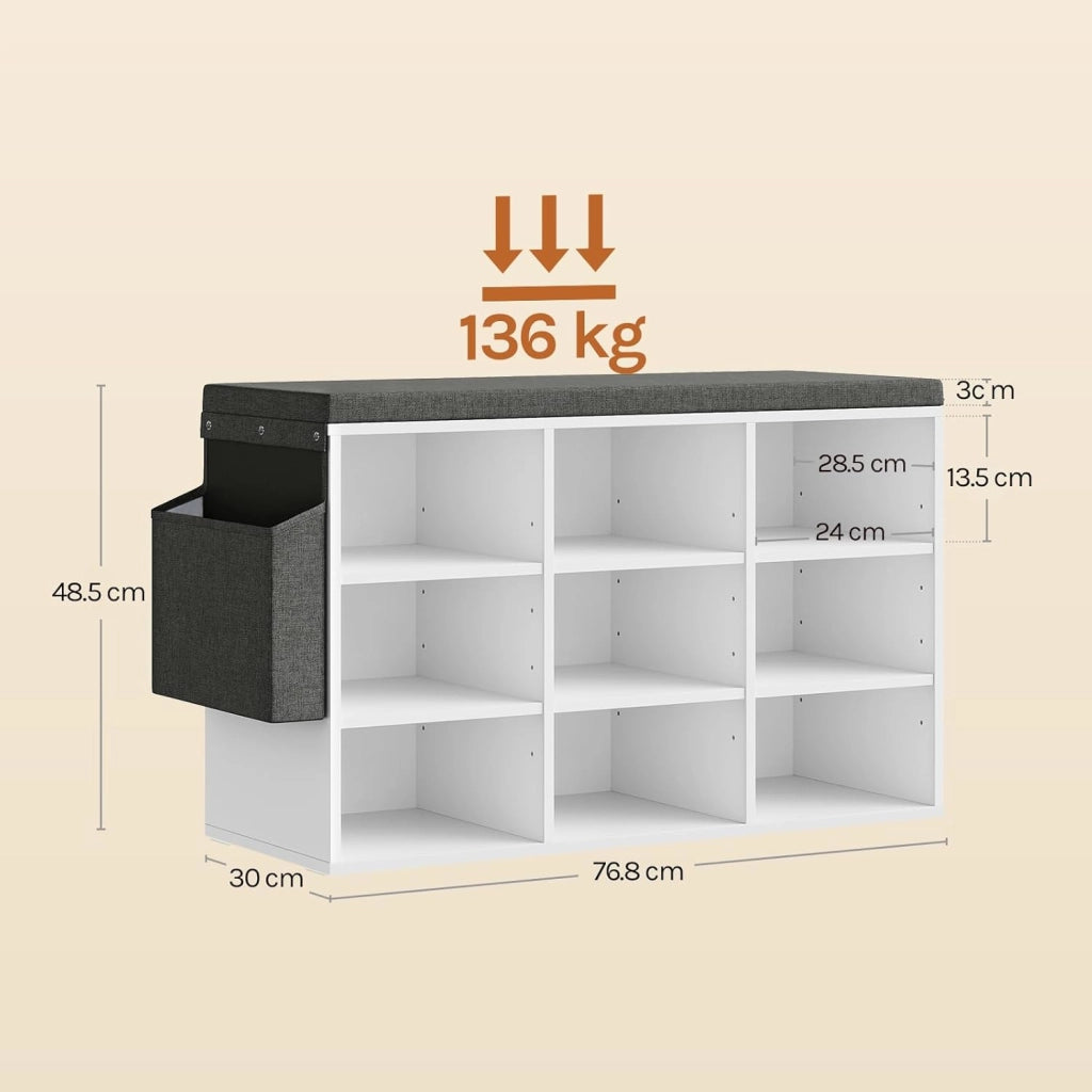 WOLTU Panca Scarpiera da Ingresso, Scaffale Porta Scarpe a 9 Scomparti con Seduta Imbottita, Mobile da Ingresso Salvaspazio in Legno, Bianco, 76,8x30x48,5 cm