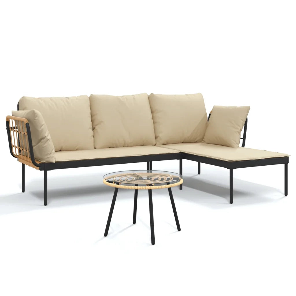 Set Salotto da Giardino 3 pz | Set di Mobili da Esterno con Cuscini Beige in Polyrattan