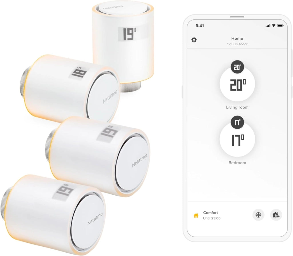 Pack 4 Valvole Termostatiche WiFi, Controllo Remoto, Risparmio Energetico, Accessorio per Radiatori, Compatibile con Alexa e HomeKit, Installazione Facile, NBU-4-NAV-EU
