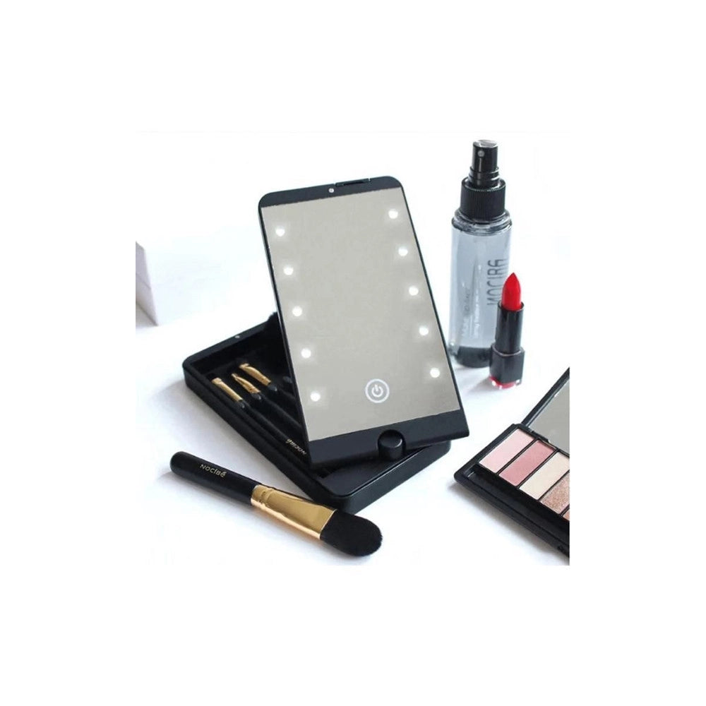 Trade Shop - Specchio Per Trucco Portatile Con Set Pennelli Rotazione 360° Luci Led Ricaricabile Touch -