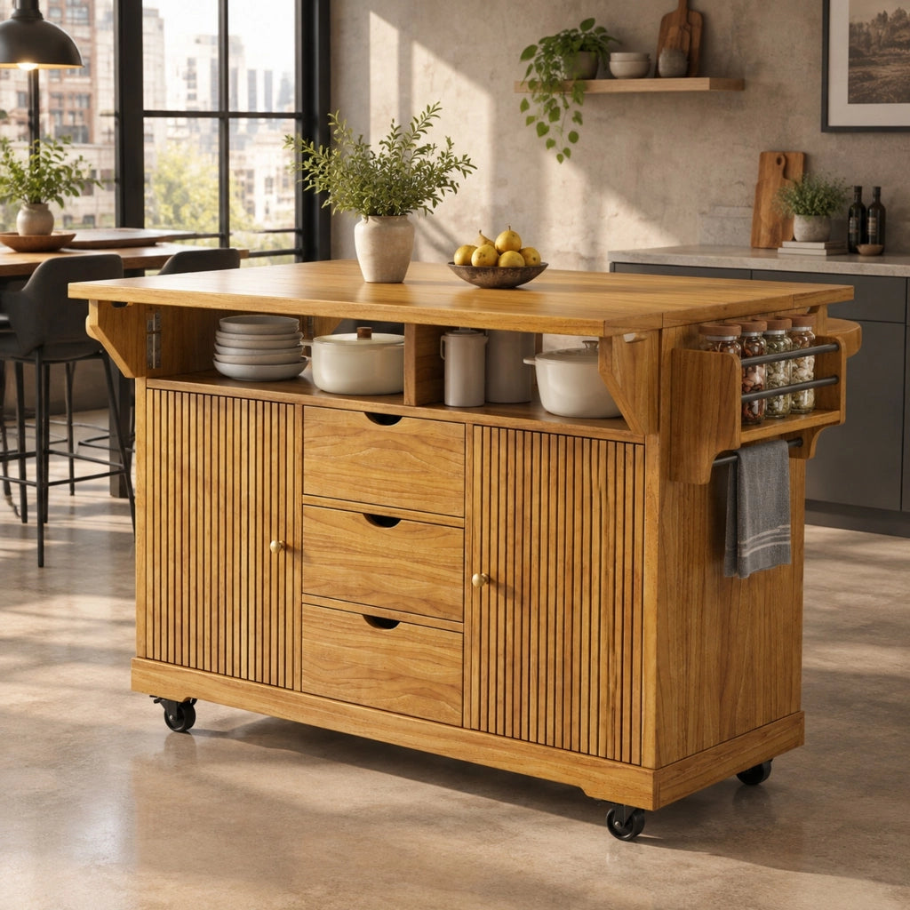 Isola cucina mobile con piani ribaltabili e 3 cassetti marrone