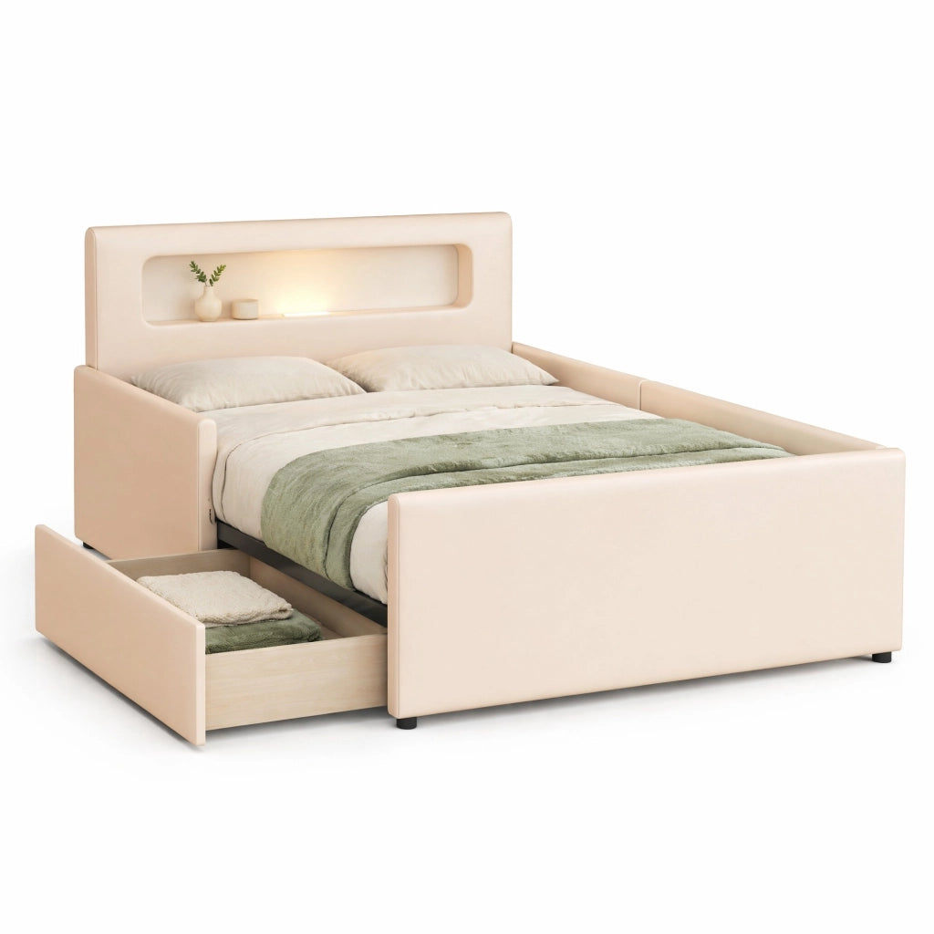 Letto singolo imbottito per bambini 90x200 cm beige con LED e USB