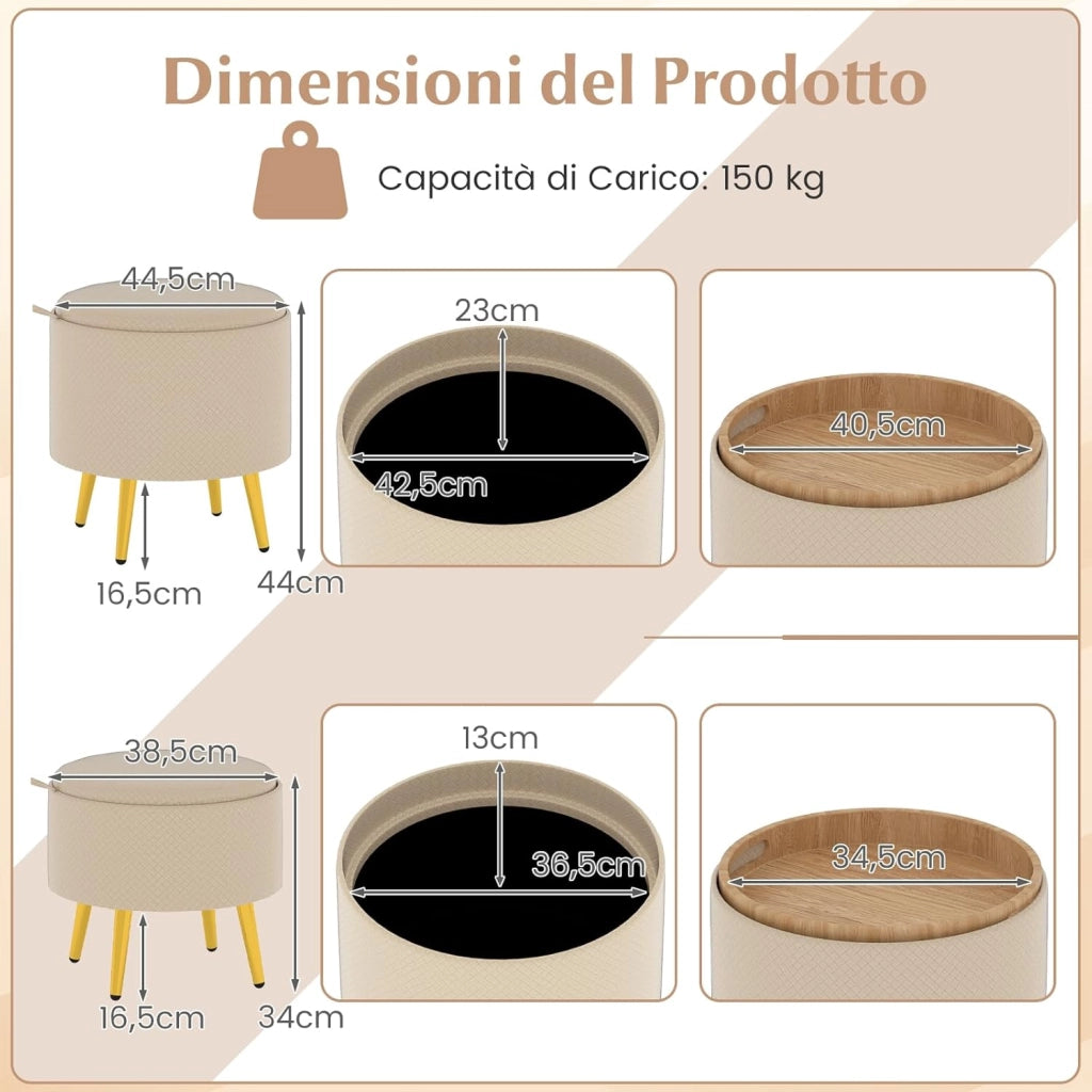 Set di 2 Pouf Contenitori Rotondi 23L + 6L, Ottomano con Vano Portaoggetti e Coperchio Rimovibile, Sgabelli da Trucco Imbottito con Gambe in Metallo, per Ingresso e Salotto