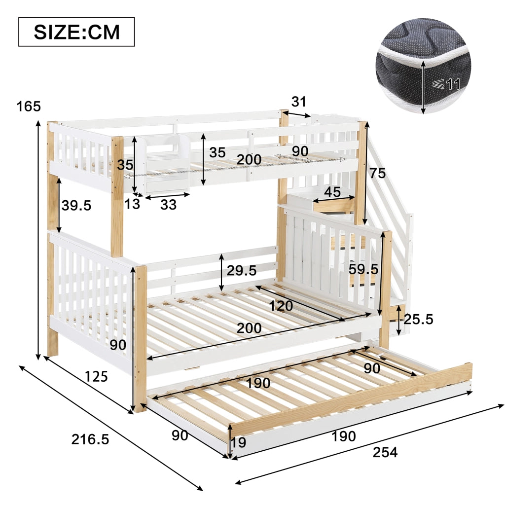 OKWISH Letto a Castello 90×200 cm e 120×200 cm, Letto 3 Posti con Letto Estraibile, Contenitori e Scala, senza Materasso, Bianco Naturale