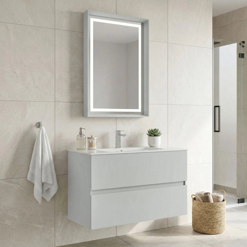 Set mobile lavabo con specchio (2 pezzi) "Nest 91 v2" - 91 x 51 x 55 cm - Cashmere opaco
