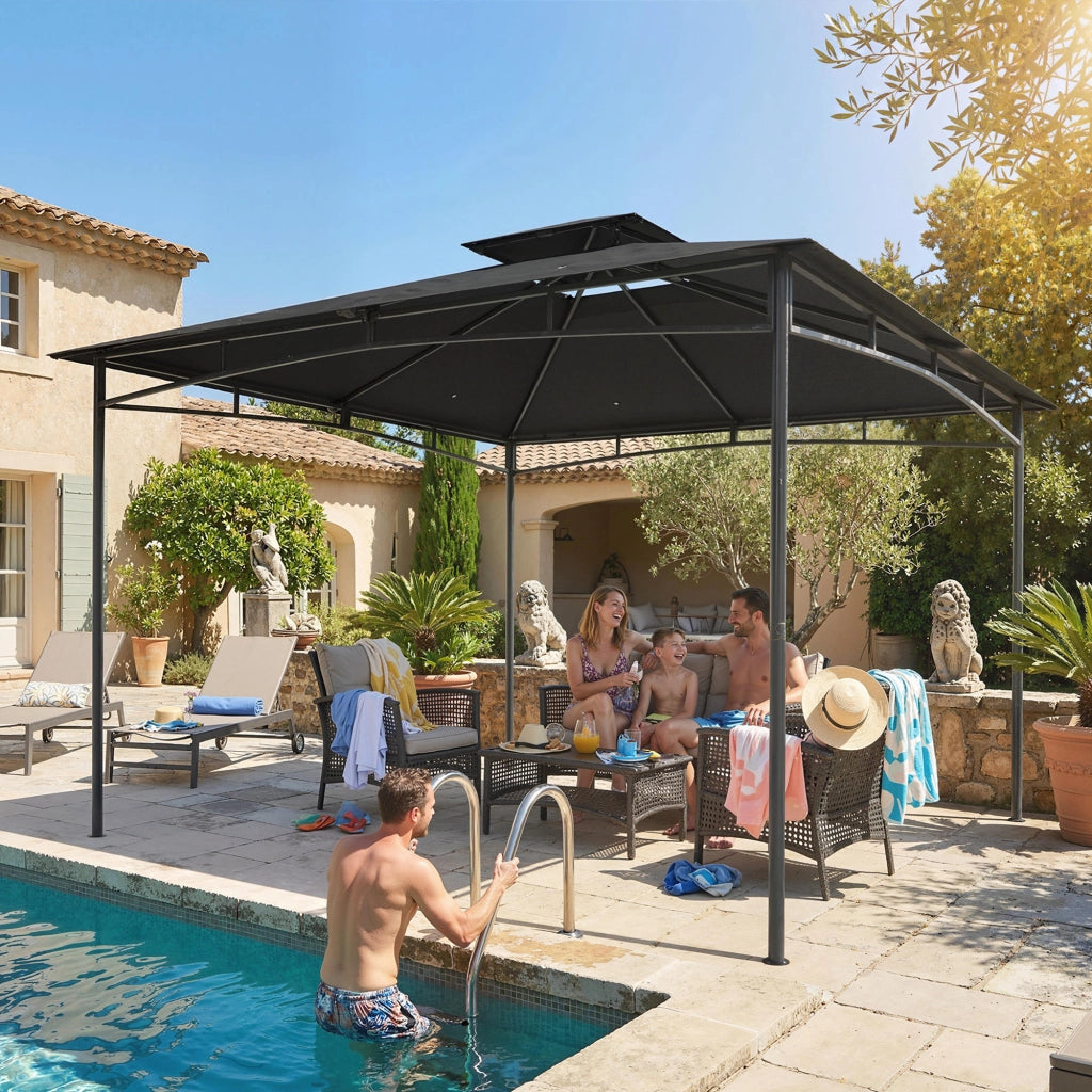 Gazebo da Giardino 300x300x285 cm con Doppio Tetto in Poliestere e Metallo Grigio Scuro