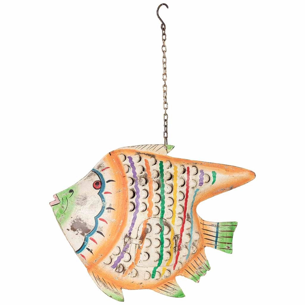 Portacandele pesce in ferro multicolore dipinto a mano 52x10x42 cm