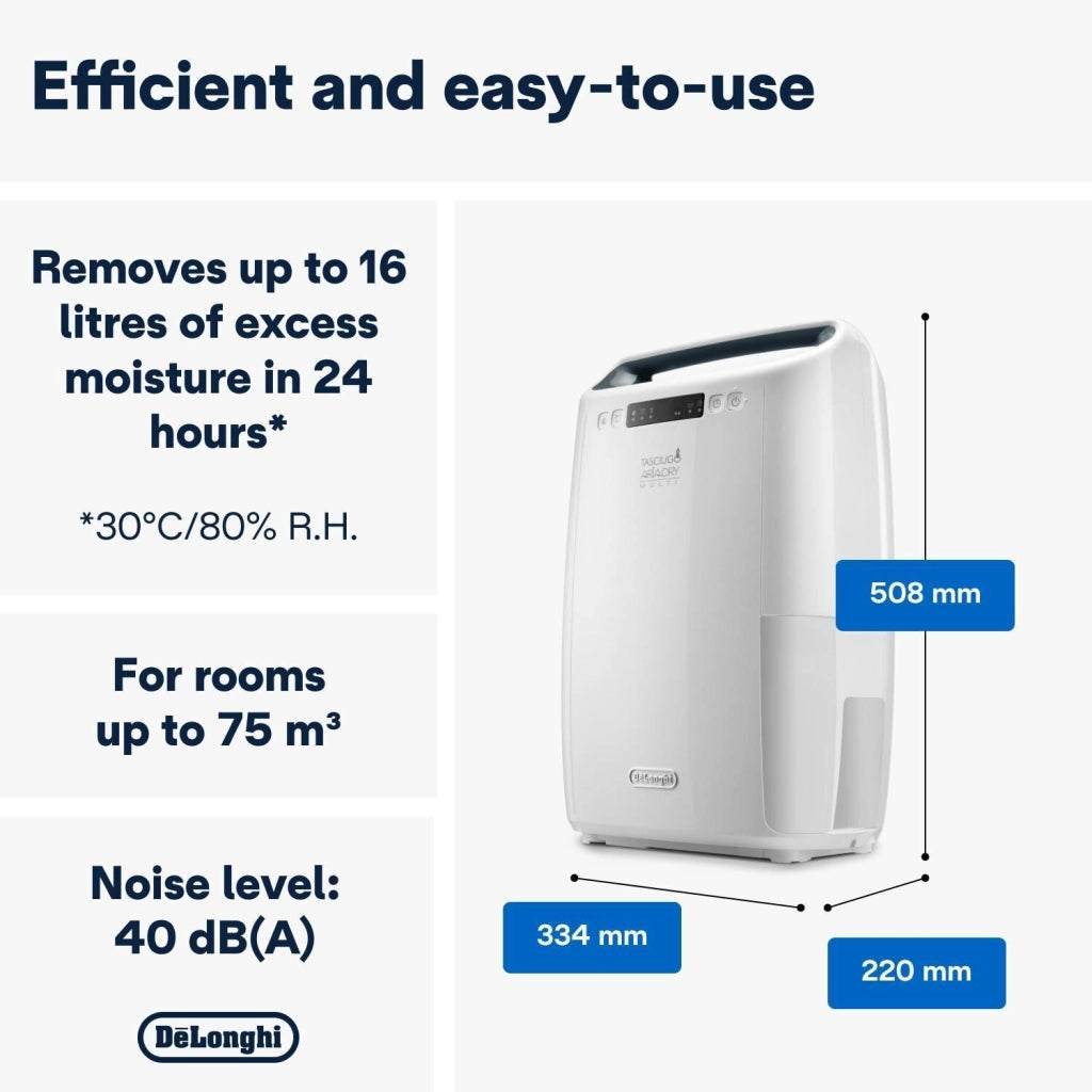 De'Longhi DEXD216RF AriaDry Deumidificatore 16L-giorno 285W Filtro 3 Azioni Serbatoio 2.1L R290 colore Bianco