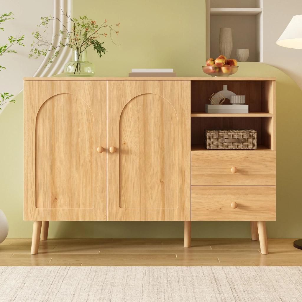 Credenza sideboard con ante bombate, 2 cassetti e vani aperti, colore naturale