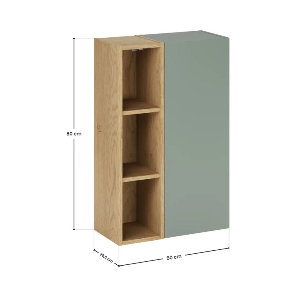 Mobile da parete OSTER 50cm – mobile sospeso verde salvia con 1 anta e 3 nicchie visibili in rovere chiaro