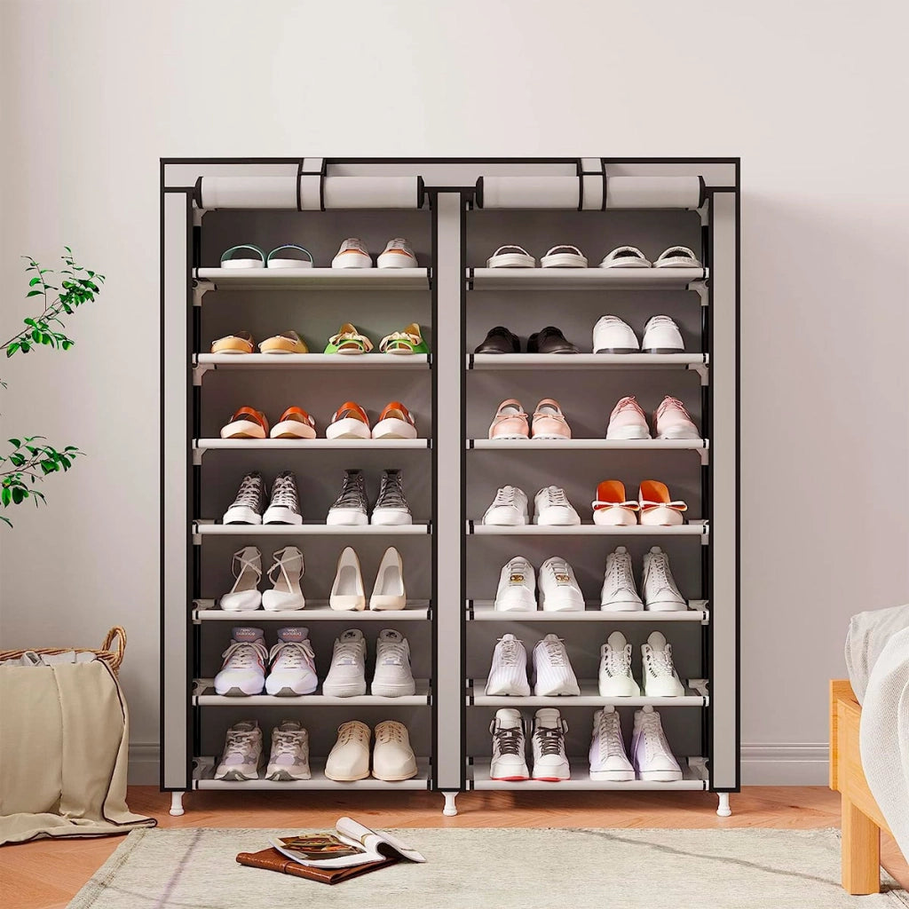 Scarpiera Tessuto per Scarpe con 2 Ante con Cerniera 125x92x28,5cm, 28 paia. Grigio