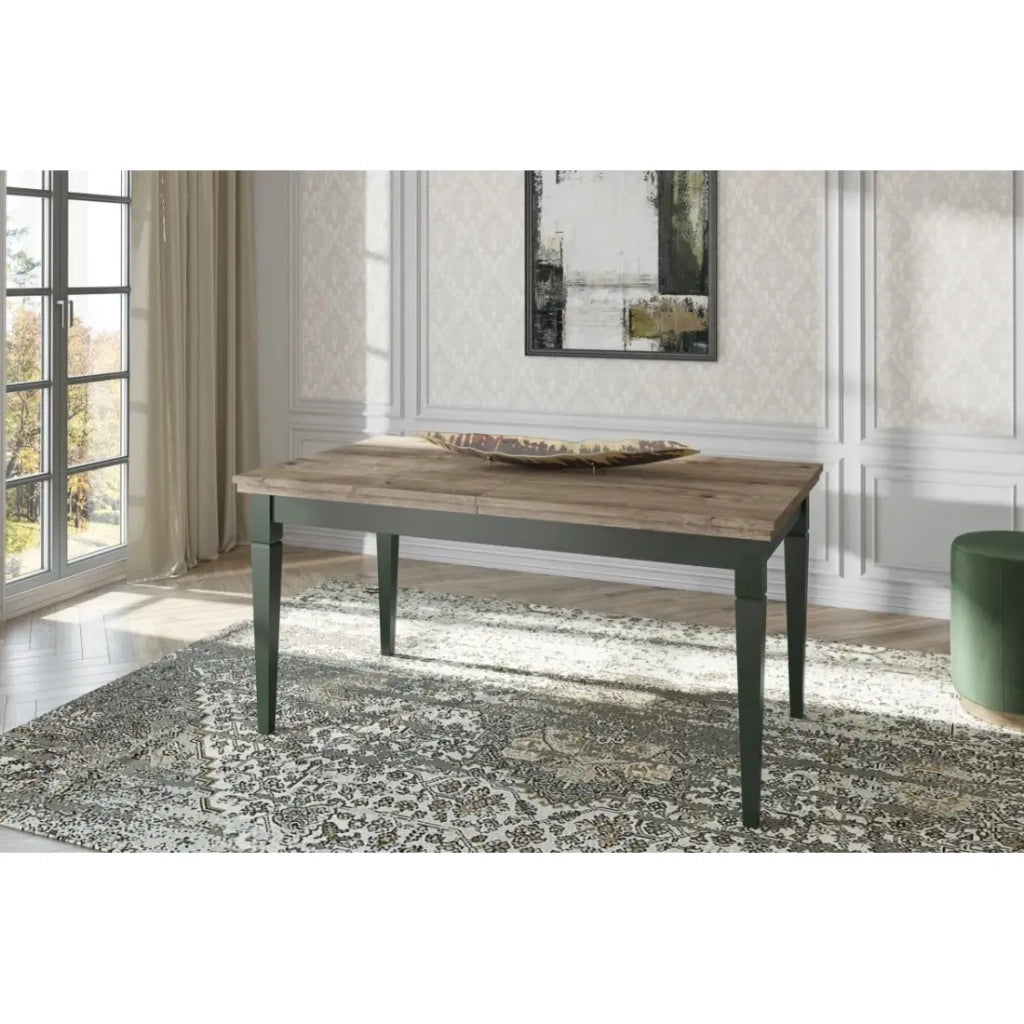 Tavolo estensibile fino a 240cm per sala da pranzo Collezione ASSIA. Colori verde e quercia.