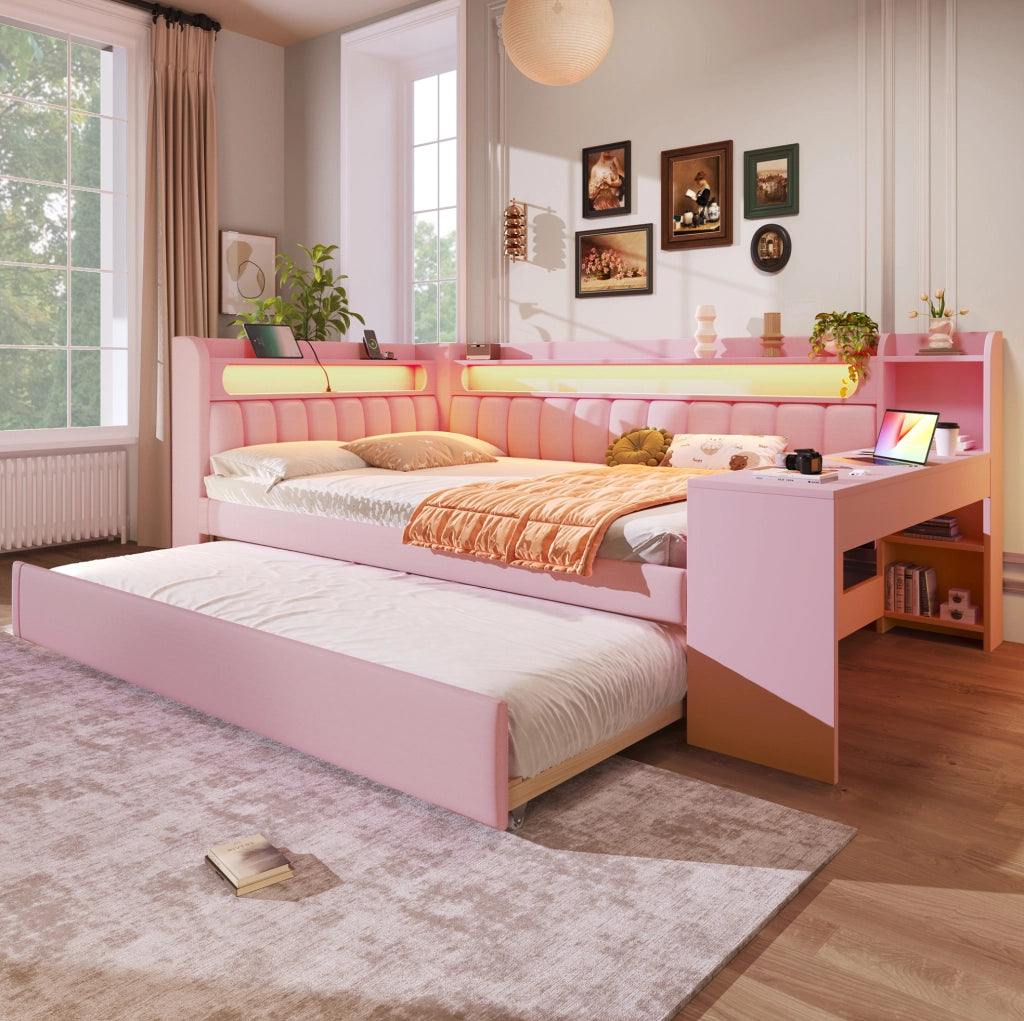 Letto imbottito 140x200 cm con LED; USB; letto estraibile e scrivania in lino rosa
