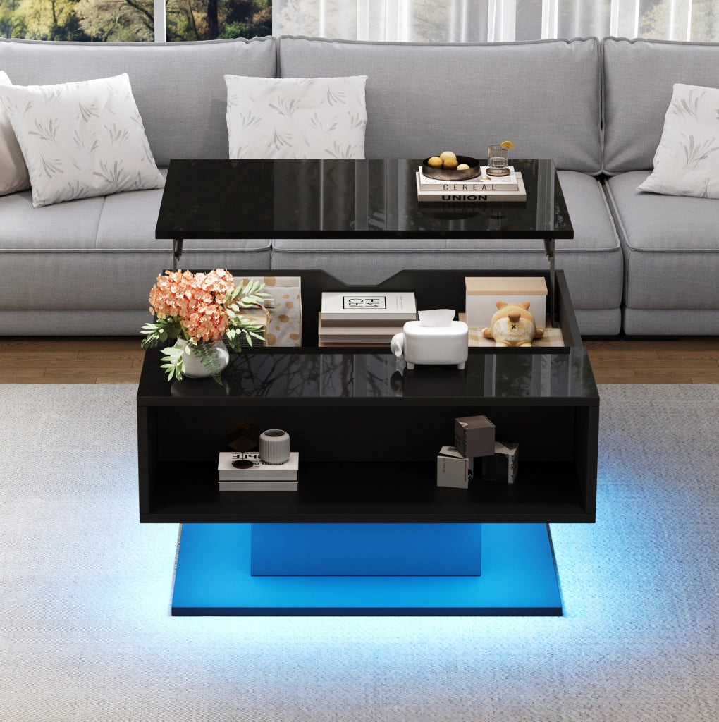 Tavolino da caffè 80x75x40 cm sollevabile con vano portaoggetti e LED in truciolato nero