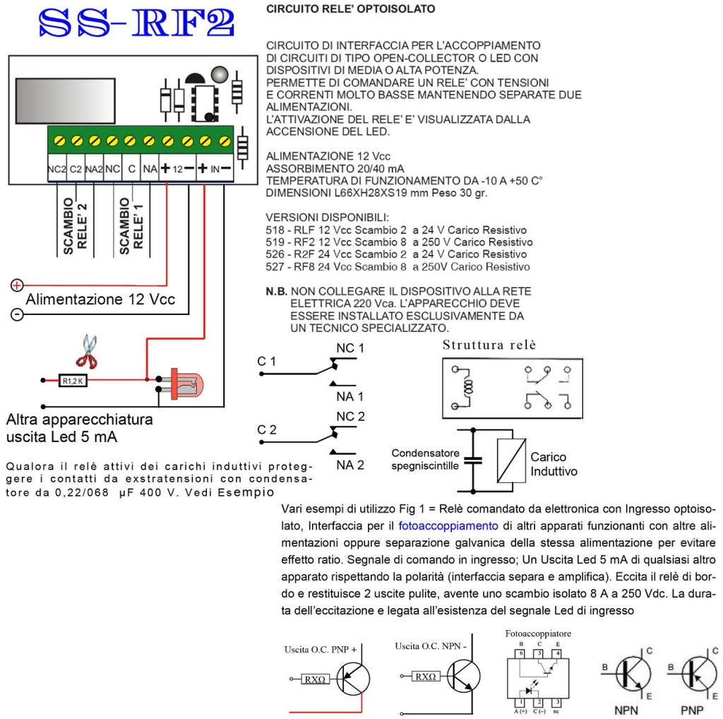 Uscita Led 5 mA Circuiti Separati Amplifica e Fotoaccoppia da Relè 24 V Interfaccia Attività Segnalata da Led 2 Scambi 8 A a 250V Carico Resistivo Evita Effetto Ratio e Fornisce Uscita Contatto Libero