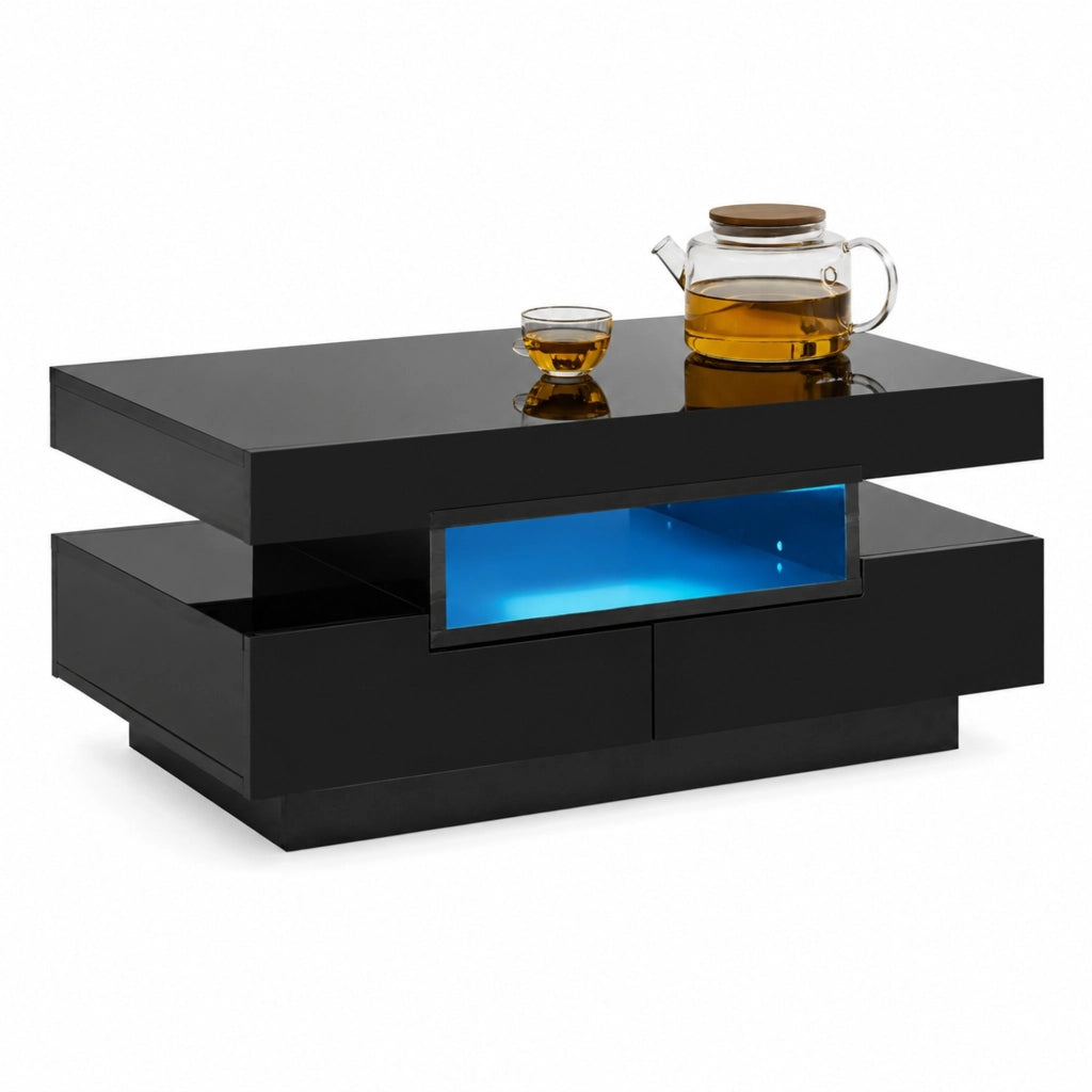 Tavolino da caff猫 con LED e 4 cassetti; 80x50x36 cm; nero lucido
