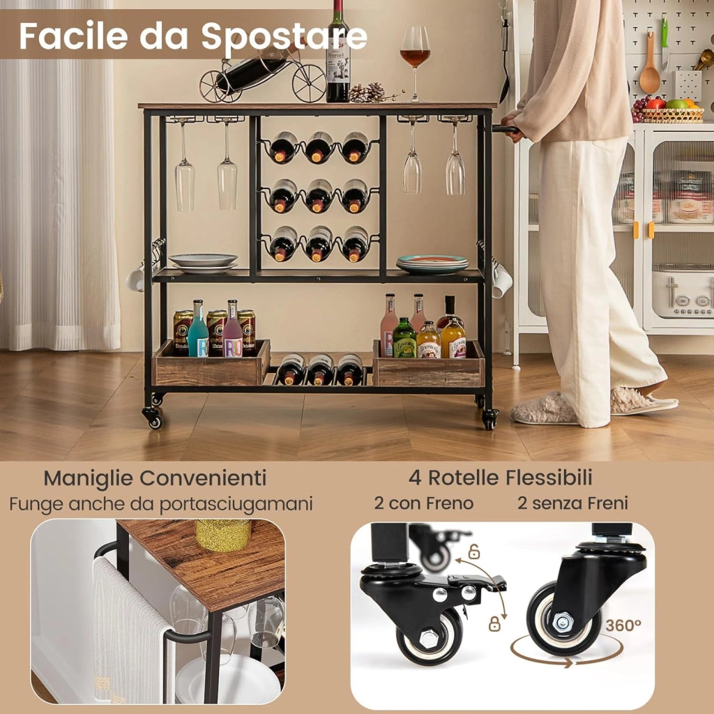 Carrello Bar a 3 Livelli, Carrello Portabevande con Portabicchieri, Portabottiglie, 8 Ganci e 2 Scatole Portaoggetti, Carrello di Vino per Cucina, Sala da Pranzo e Soggiorno