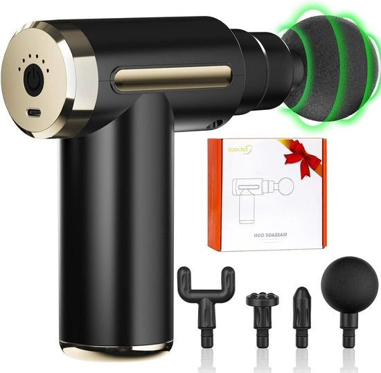 Mini Apparecchio di Massaggio Profondo per Tissuti 6 Velocità Manuale a Batteria Portatile- 4 Teste- Batteria 1800mAh- Ricarica Tipo-C- Silenzioso- Dispositivo Ricaricabile- Allevia il Dolore- Regalo- Nero