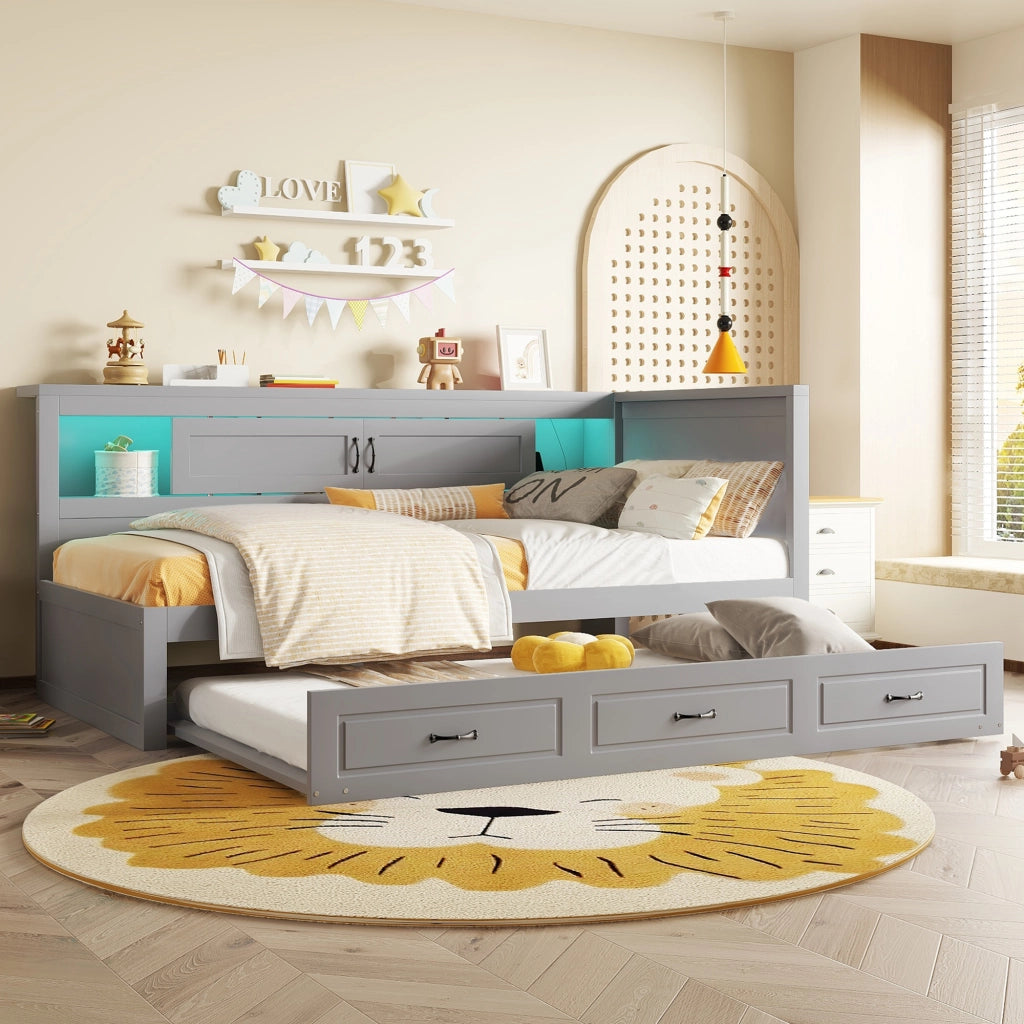 OKWISH Letto a Scomparsa 90×200 cm, Letto Singolo con Letto Estraibile, LED e Prese con USB, senza Materasso, Grigio