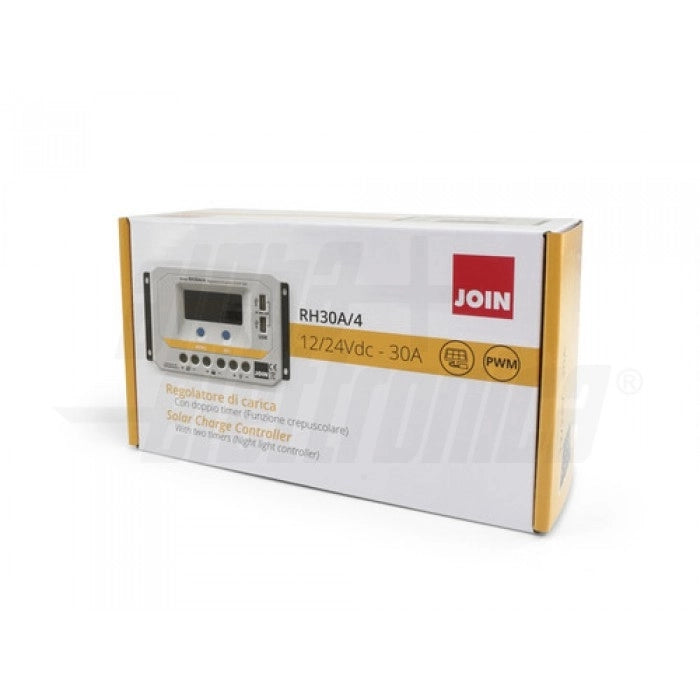 Regolatore di carica PWM 12/24V 30A con display, uscita USB 5V e crepuscolare configurabile