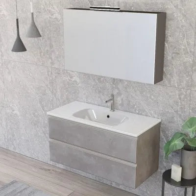 Mobile bagno sospeso 100 cm grigio cemento con lavabo e specchio contenitore Master
