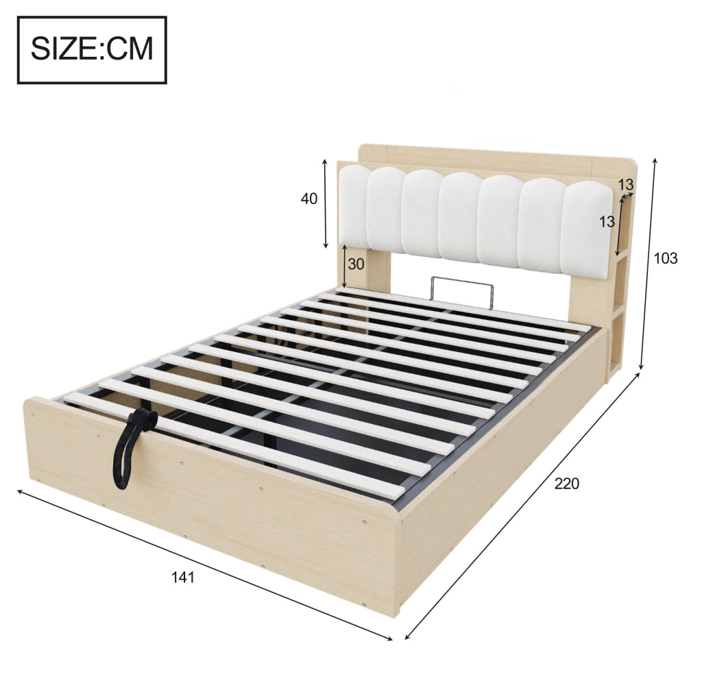 Letto contenitore idraulico 140x200 cm in legno con USB