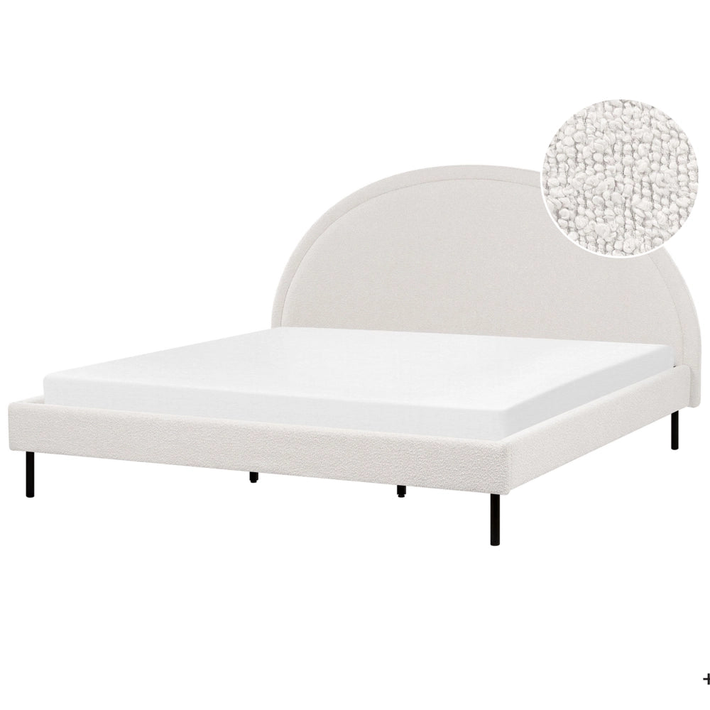 Letto matrimoniale in poliestere bouclè bianco imbottito con base a doghe e testiera rotonda 180 x 200 cm minimalista retrò